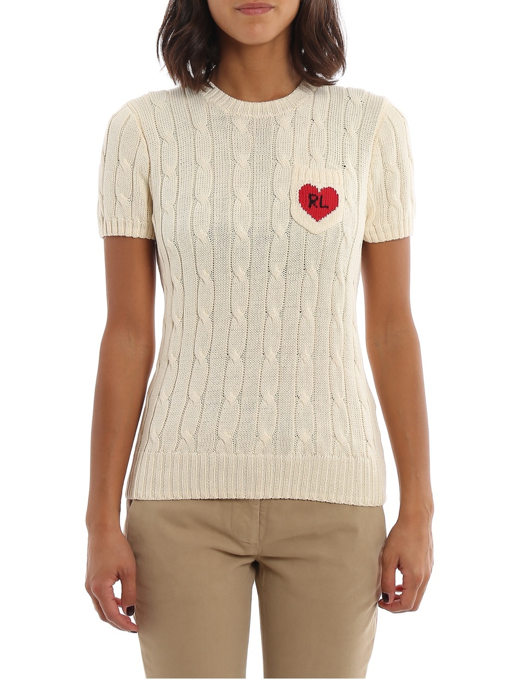 Ralph Lauren Cream Cable-Knit Short-Sleeve Sweater with Red Heart Patch